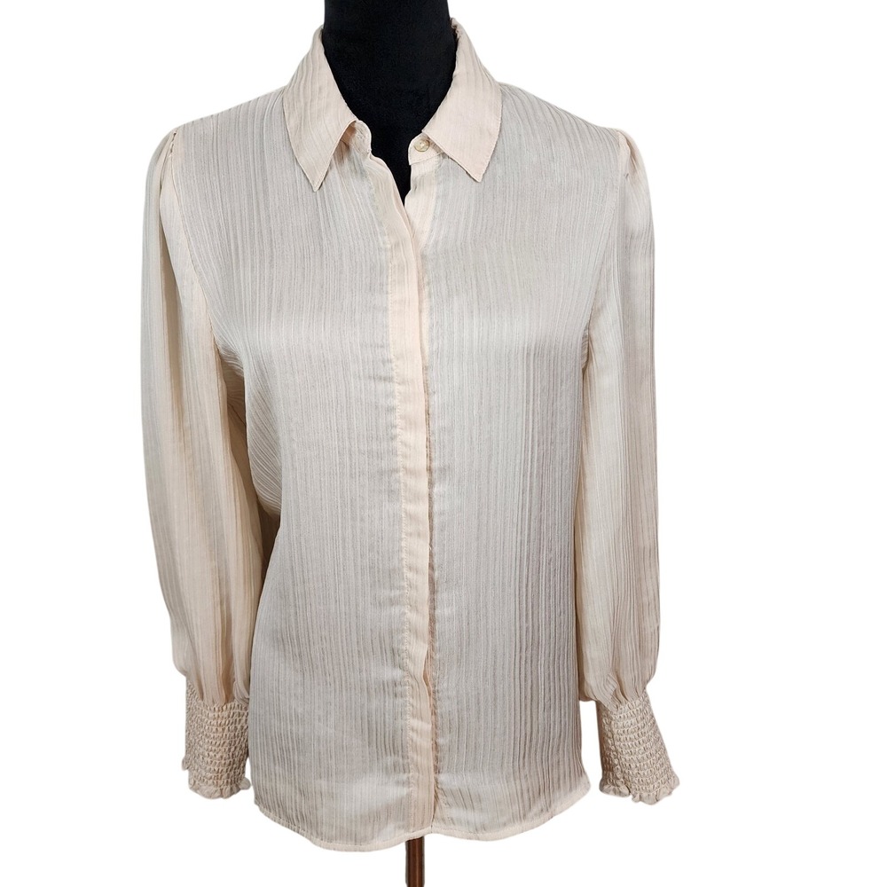 EXPRESS Size Medium Sheer Crinkle Smocked Cuff Cream Button Down Blouse Office